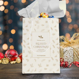 Sac Cadeau Moyen Élégant Mistletoe Feuille d'hiver Gold