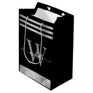 Sac Cadeau Moyen Élégant monogramme script rayé noir argenté