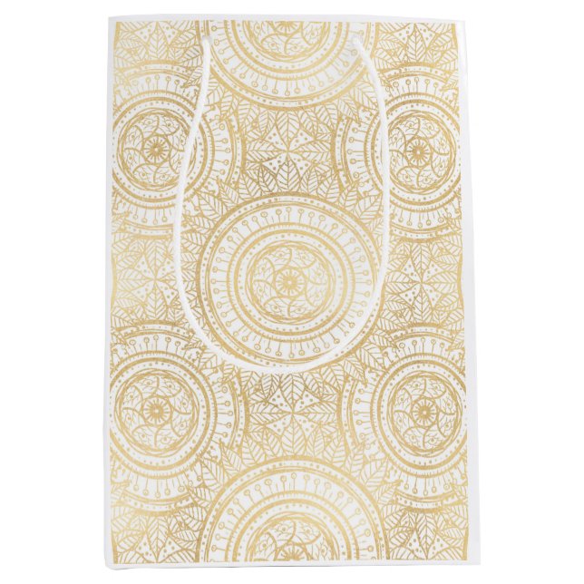 Sac Cadeau Moyen Élégant Motif blanc de tournesol Mandala Gold (Devant)
