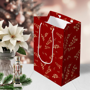 Sac Cadeau Moyen Élégant Motif botanique rouge et or