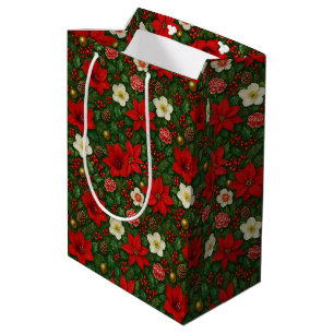 Sac Cadeau Moyen Élégant Motif d'art botanique Poinsettia Floral