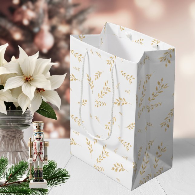 Sac Cadeau Moyen Élégant Motif Feuille botanique en or blanc (Elegant Gold Foil Holiday Pattern Medium Gift Bag)