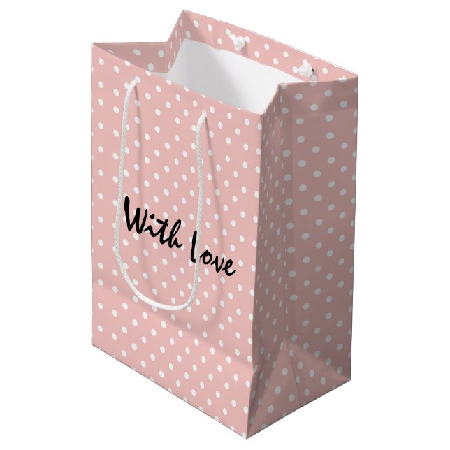 Sac Cadeau Moyen Élégant Motif Peachy Pink Poka Dot Avec Amour (Devant Angle)