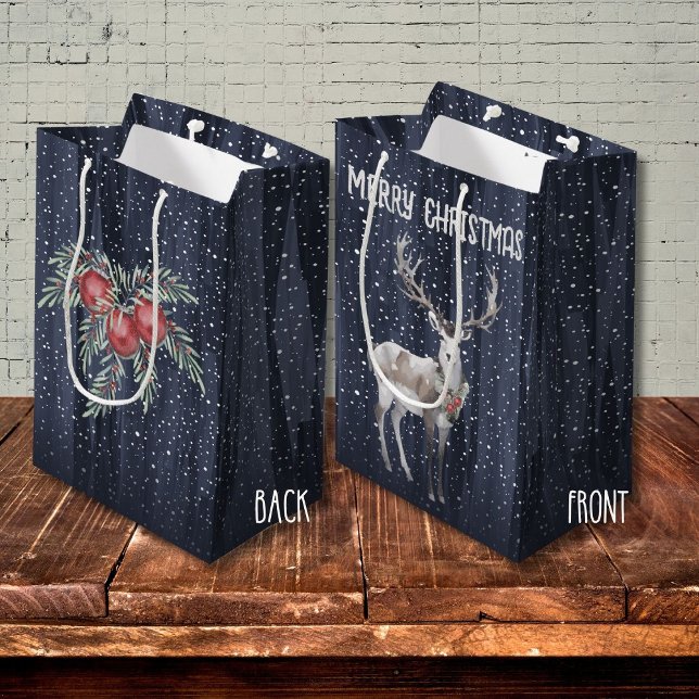 Sac Cadeau Moyen Élégant Noël aux rennes de neige bleu et gris (Créateur téléchargé)