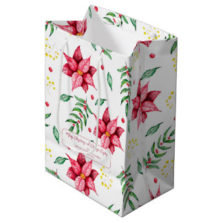 Sac Cadeau Moyen Élégant Noël Rouge Floral Chaud