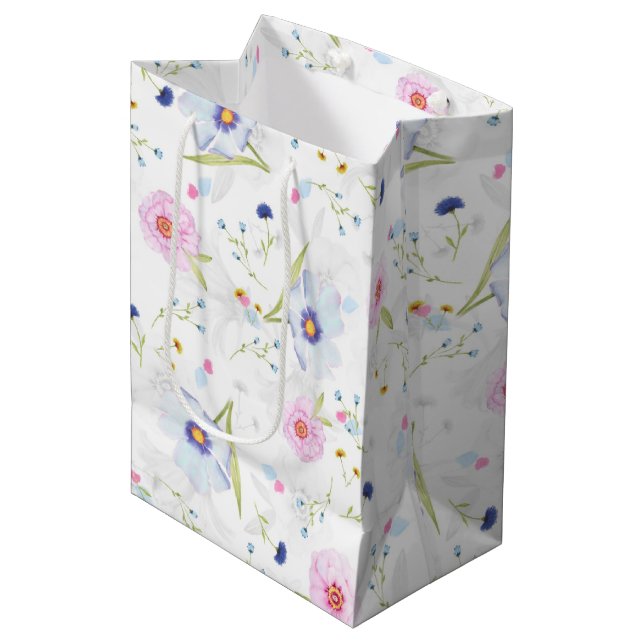 Sac Cadeau Moyen Élégant Pastel bleu & rose Fleurs florales (Devant Angle)