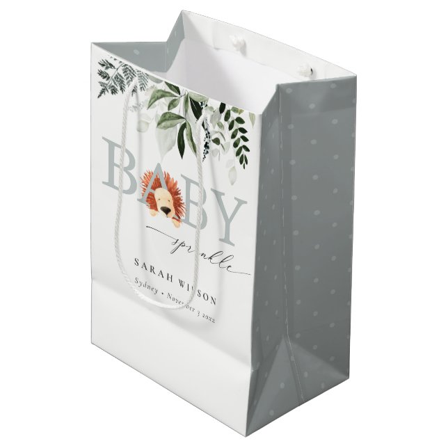 Sac Cadeau Moyen Élégant Pastel Cute Lion Foliage Baby Sprinking (Devant Angle)