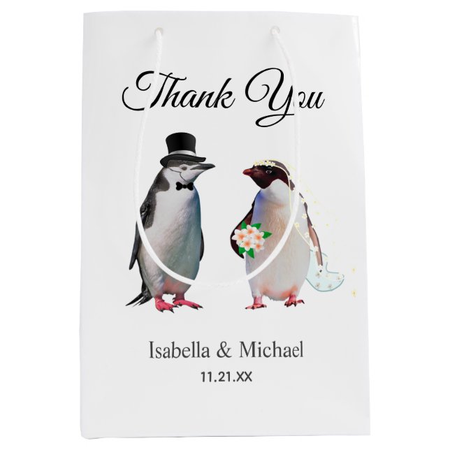 Sac Cadeau Moyen Élégant Penguin Couple Merci Mariage (Devant)