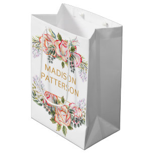 Sac Cadeau Moyen Élégant Personnalisé Fleurs Aquarelle Chic Féminin