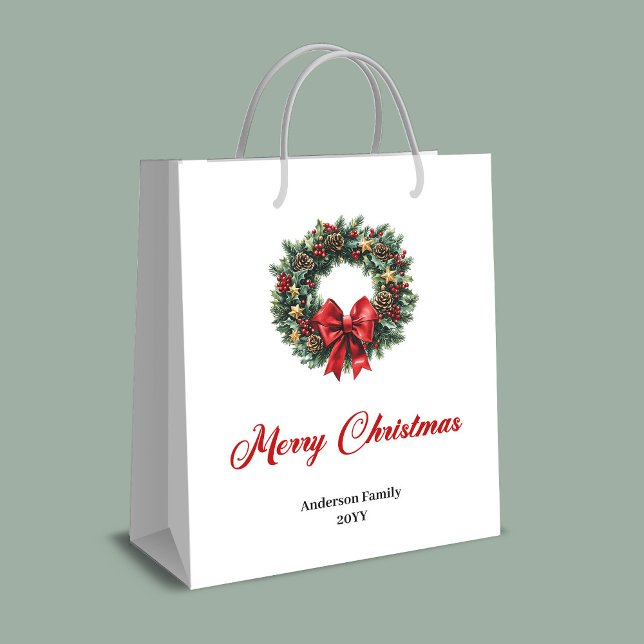 Sac Cadeau Moyen Elegant pine wreath gift bag red green gold tones (Elegant pine wreath gift bag red green gold tone)