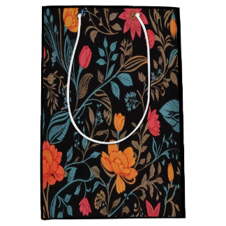 Sac Cadeau Moyen Elegant Pink Blooms on Black Victorian Floral
