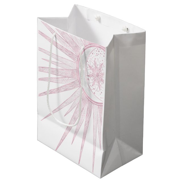Sac Cadeau Moyen Elegant Pink Sun Moon Doodle Mandala White Design (Devant Angle)