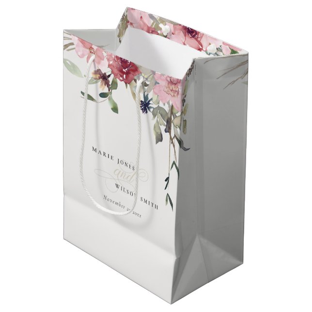 Sac Cadeau Moyen Élégant Rose Dusky Blush Fleur sauvage Floral Mari (Devant Angle)