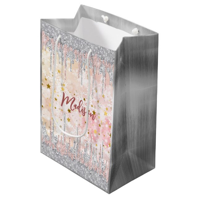 Sac Cadeau Moyen Élégant rose en or d'argent goutte parties scintil (Devant Angle)