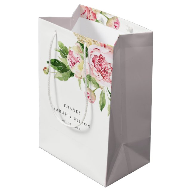 Sac Cadeau Moyen Elégant rose vert pivoine Floral Merci Mariage (Dos Angle)