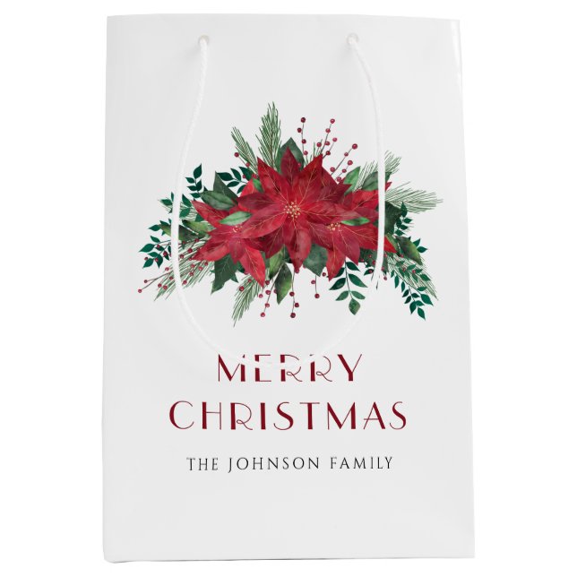 Sac Cadeau Moyen Élégant Rouge Poinsettia Floral Noël (Devant)