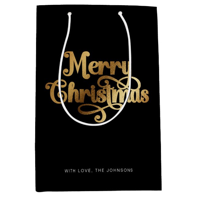 Sac Cadeau Moyen Élégant Script chic Black Gold Joyeux Noël (Devant)