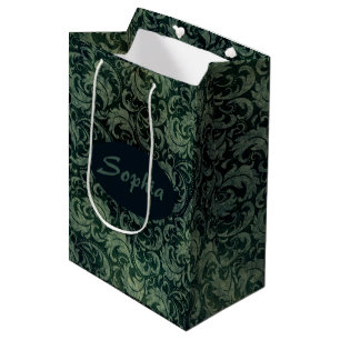 Sac Cadeau Moyen Élégant vert vintage damassé motif floral