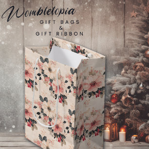 Sac Cadeau Moyen Élégant Vintage Noël Floral & Berries Rose