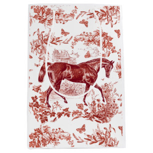 Sac Cadeau Moyen Elégant Vintage Rouge Rustique Horse Toile Florale