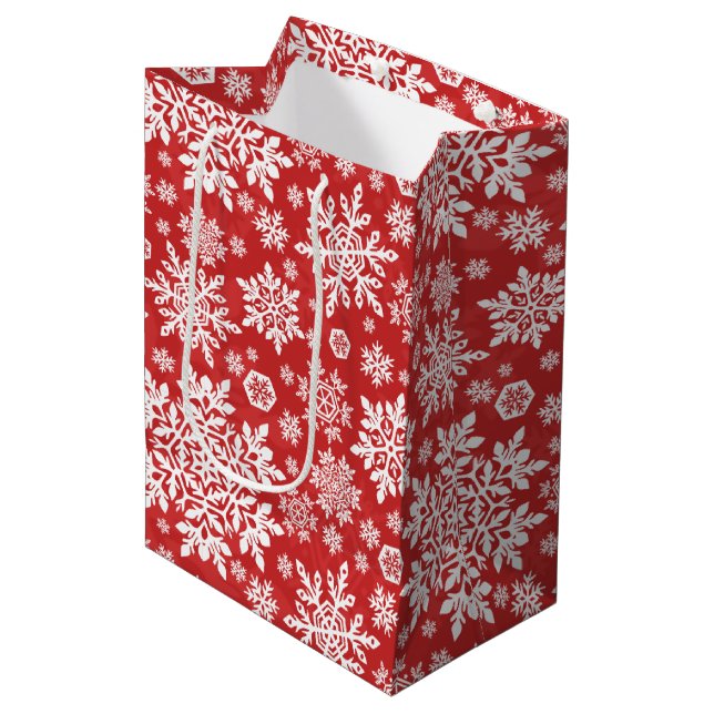 Sac Cadeau Moyen Elegant White Snowflake (Cranberry) (Devant Angle)