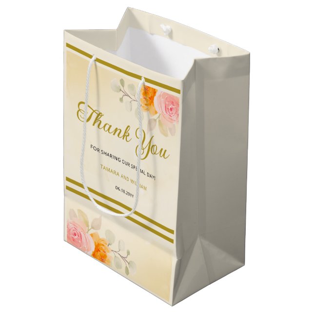 Sac Cadeau Moyen Elégante aquarelle Mariage Floral Merci or (Devant Angle)