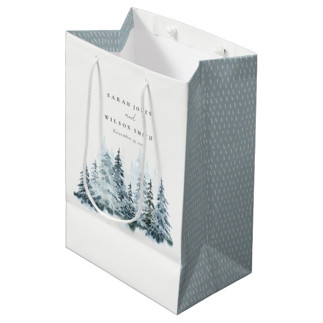 Sac Cadeau Moyen Elégante aquarelle neige hiver Mariage de pin (Devant Angle)