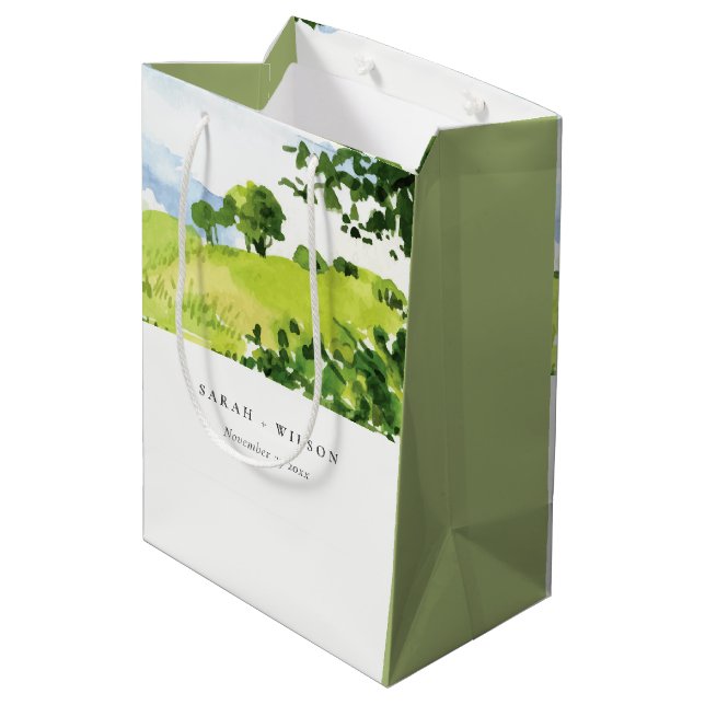 Sac Cadeau Moyen Elégante Aquarelle verte Campagne Hills Mariage (Dos Angle)