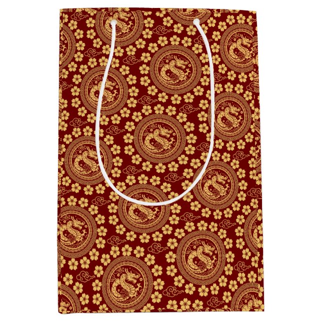 Sac Cadeau Moyen Élégante Chinoiserie pour Lunar Dragon Année Rouge (Devant)