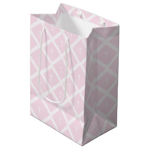 Sac Cadeau Moyen Elégante croix blanche sur le baptême motif rose