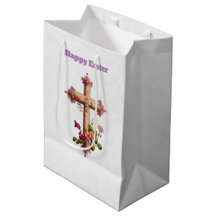 Sac Cadeau Moyen Elégante Croix en bois aux fleurs roses Pâques