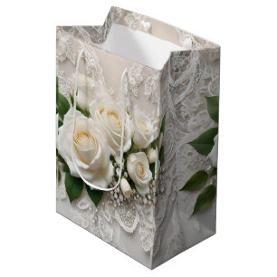 Sac Cadeau Moyen Elégante Dentelle Mariage Blanche Et Roses,
