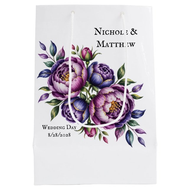 Sac Cadeau Moyen Élégante Purple et Magenta Peony Mariage Date (Dos)