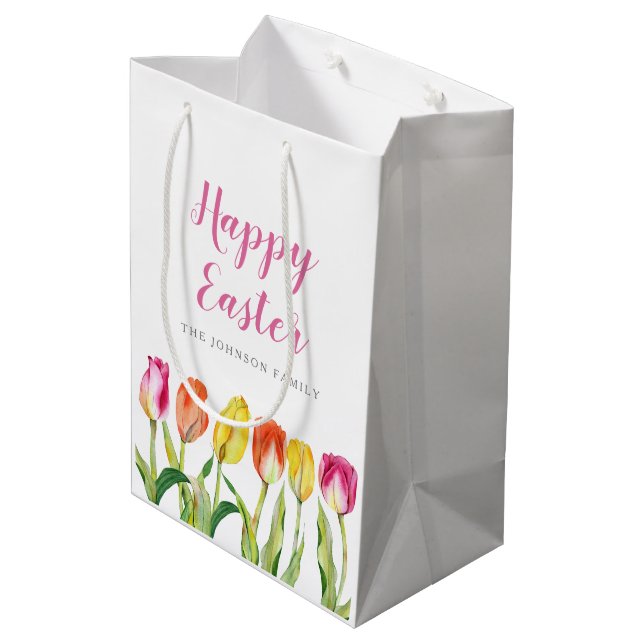 Sac Cadeau Moyen Élégantes Tulipes d'Aquarelle Florale Colorée (Dos Angle)