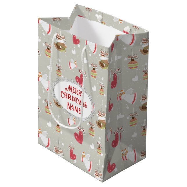 Sac Cadeau Moyen Éléments de Noël Anges Oiseaux (Devant Angle)