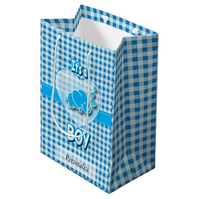 Sac Cadeau Moyen Éléphant de bébé de plaid de bleus layette et de (Devant Angle)