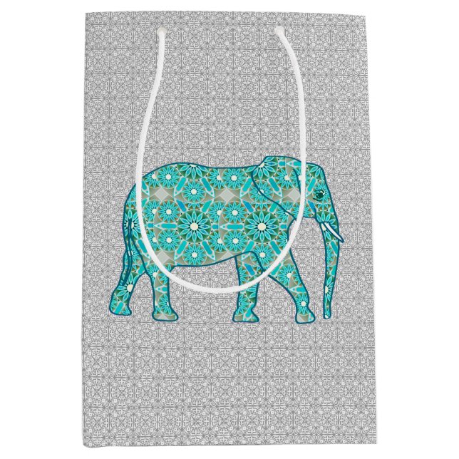 Sac Cadeau Moyen Eléphant de Fleur Mandala, Turquoise, Gris & Blanc (Devant)