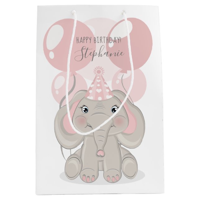 Sac Cadeau Moyen Elephant en Casquette de fête d'anniversaire (Devant)