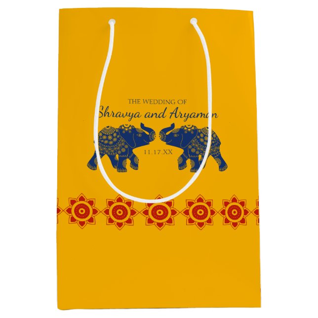 Sac Cadeau Moyen Eléphants à thème indiens en Mariage bleu royal (Devant)
