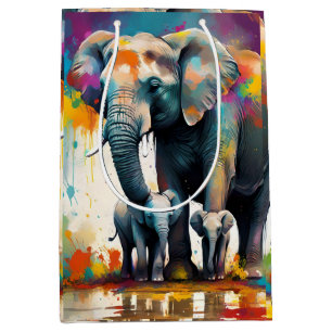 Sac Cadeau Moyen Eléphants De La Mère Et Du Bébé Couleur Splash,