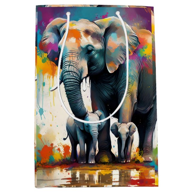 Sac Cadeau Moyen Eléphants De La Mère Et Du Bébé Couleur Splash, (Devant)