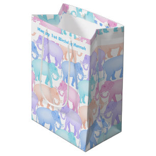 Sac Cadeau Moyen Éléphants mignons de premier anniversaire de