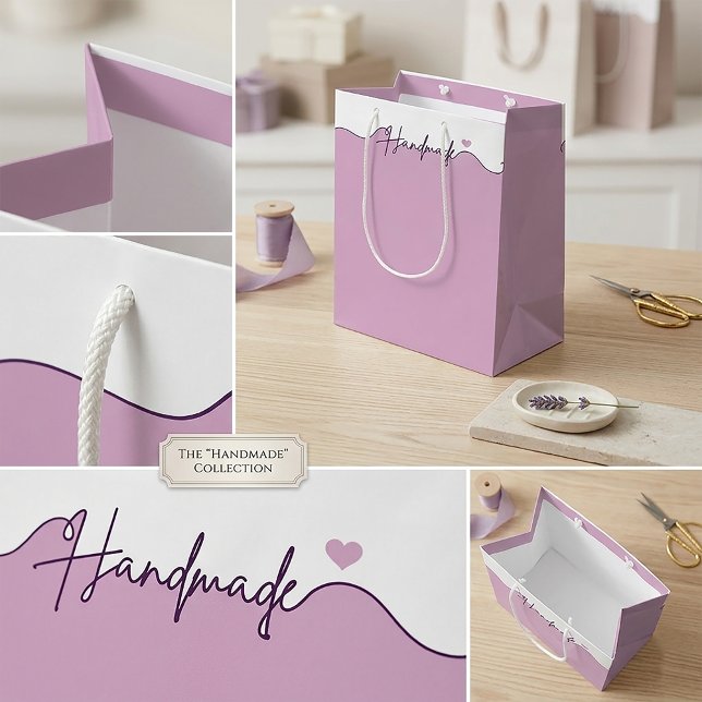Sac Cadeau Moyen Emballage de petite entreprise violet fait main av (Lavender "Handmade" gift bag with white rope handles for boutique small business packaging)