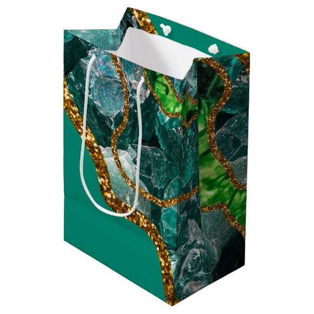 Sac Cadeau Moyen Emerald Green & Gold Agate Parties scintillant (Devant Angle)