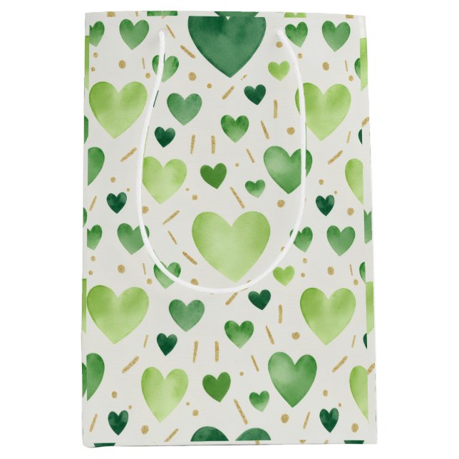 Sac Cadeau Moyen Emerald Green Watercolor & Gold Glitter Hearts (Devant)
