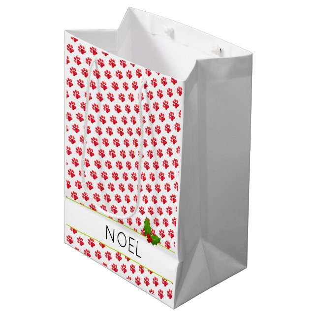 Sac Cadeau Moyen Empreintes de pattes de Noël Holly Nom Fun (Devant Angle)