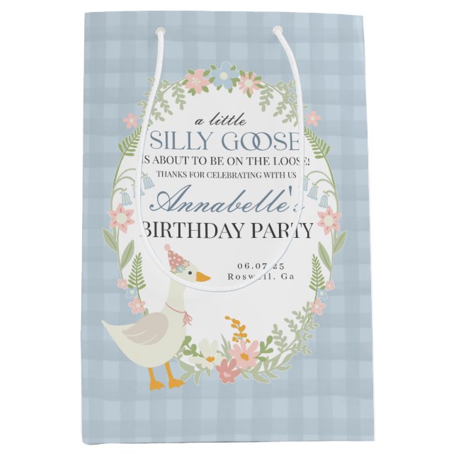 Sac Cadeau Moyen En vichy Floral Goose Silly Bleu Fête Anniversaire (Devant)