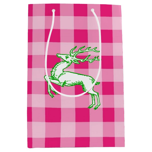 Sac Cadeau Moyen En vichy rose renne vert (Devant)