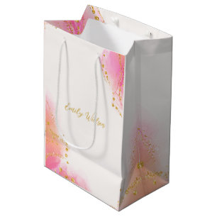 Sac Cadeau Moyen Encre Alcool Rose Élégante Paillettes Dorées Fête