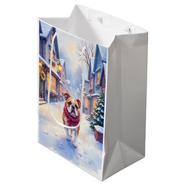 Sac Cadeau Moyen English Bulldog Snowy Christmas Village Holiday (Devant Angle)